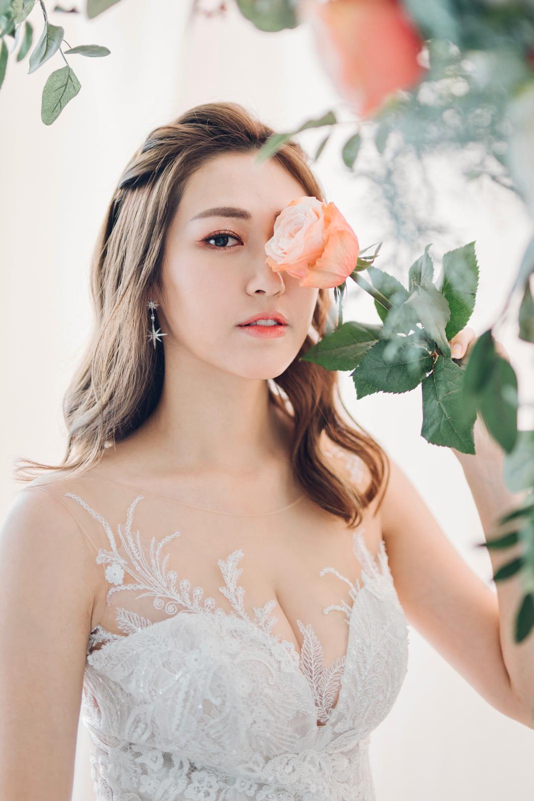 Bridal makeup and soft waves with a rose, radiant skin and soft coral lip, by Seoul Magic