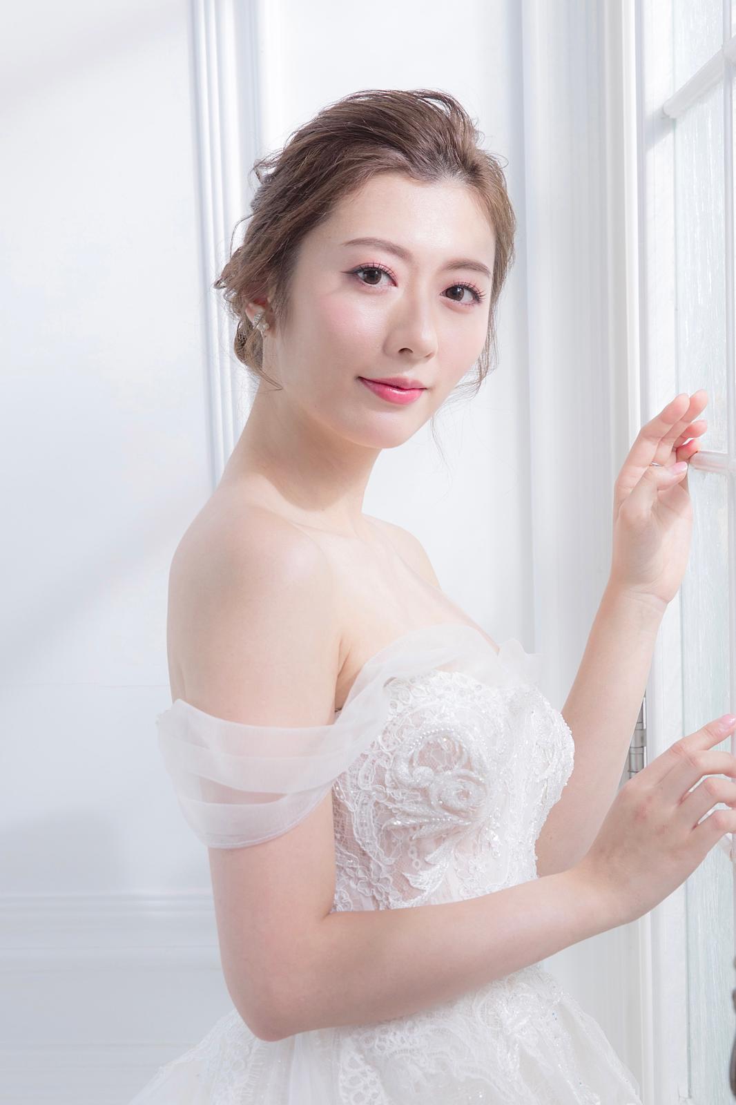 Bridal makeup and updo for an off-shoulder lace gown, by Seoul Magic